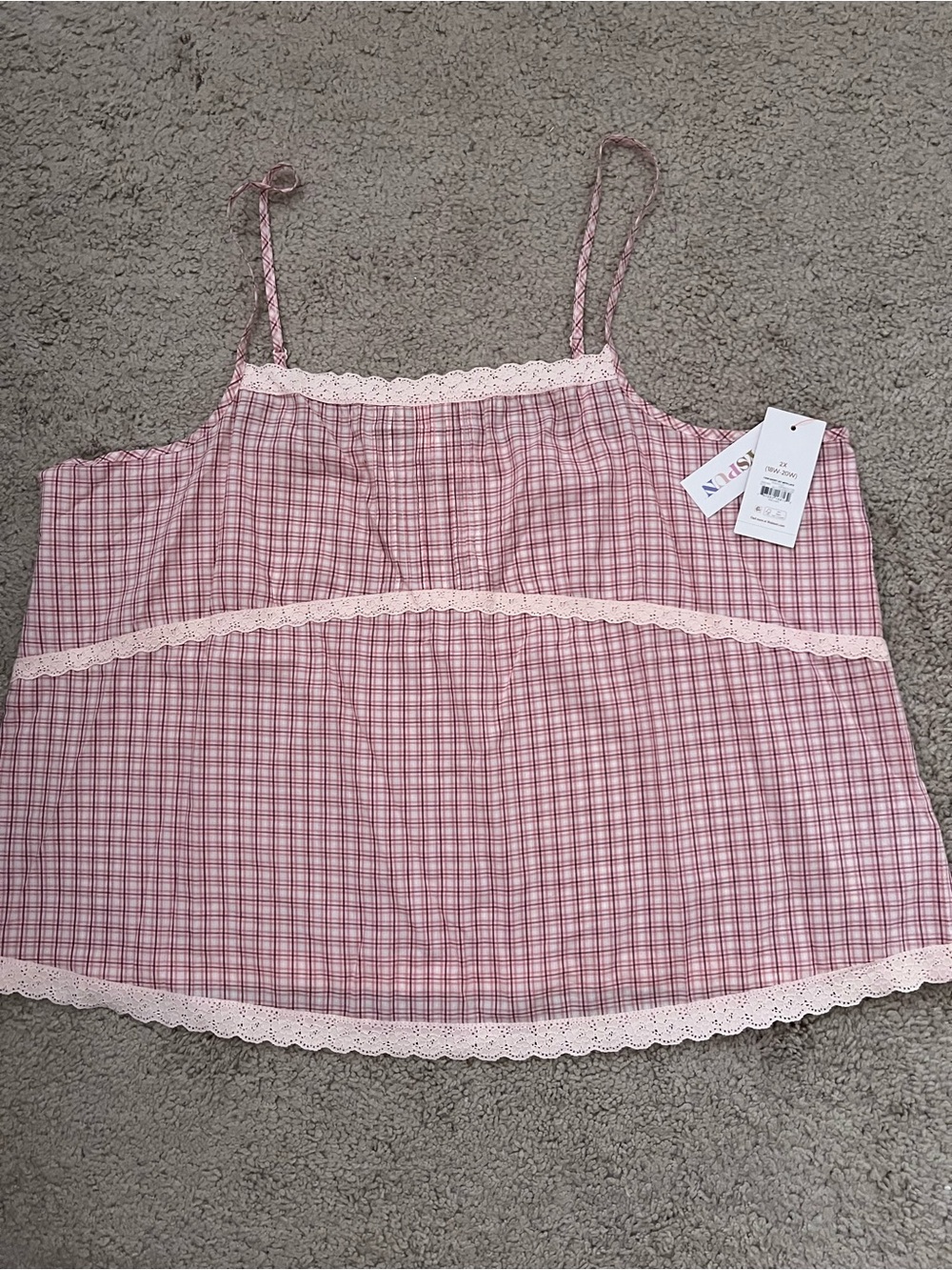 Lace-Trim Pink Plaid Cami Chemise